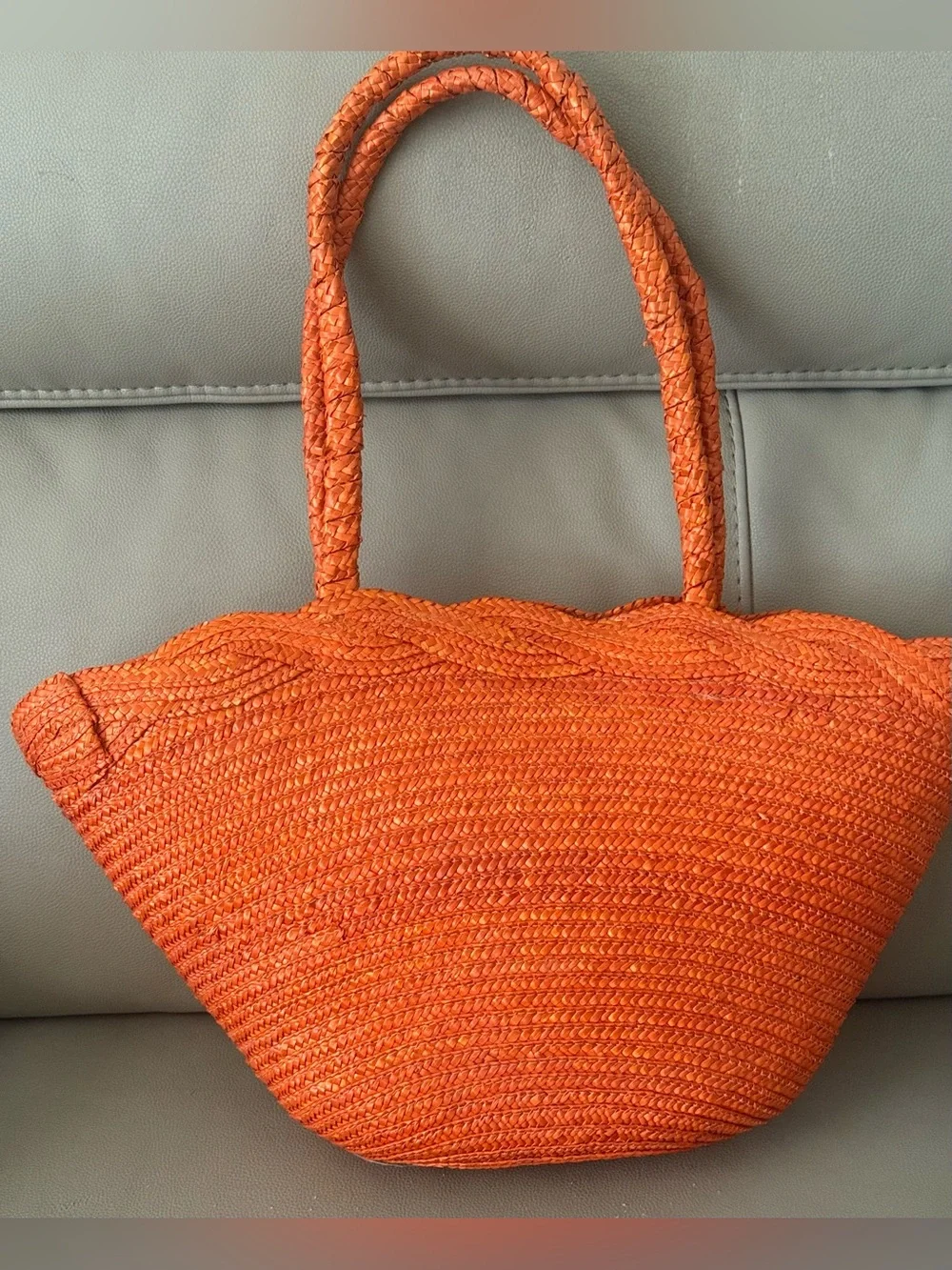2-day sale $25 Vibrant Orange Woven Straw Maxi Tote Bag Braided Shoulder Handles